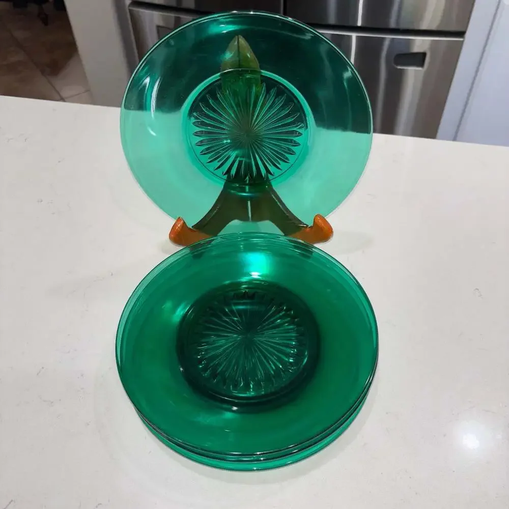 Vintage Emerald Green Pressed Glass Starburst Center Salad Plates Set of 5